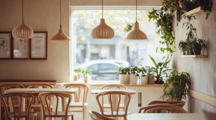 Cozy cafe with wood chairs, window view, plants, and lamps, great for warm vibe