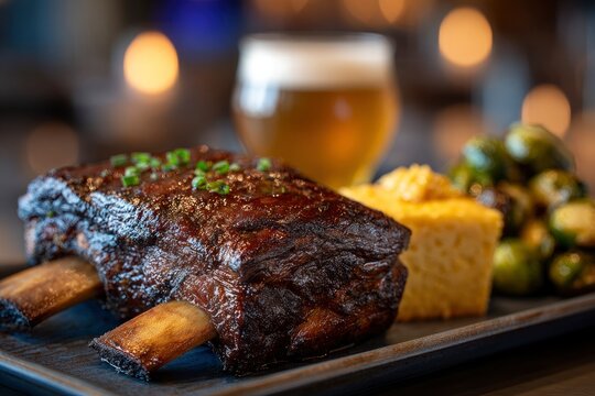 Delicious braised beef short rib on a dark plate served with cornbread and sprouts alongside beer.