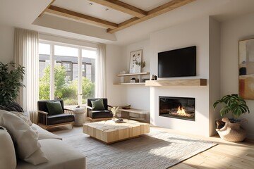 Sleek living room showcasing modern fireplace and minimalist design with ample sunlight through windows