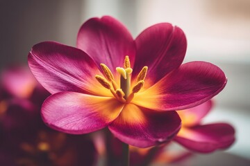 Vibrant magenta and orange tulip flower blooming with yellow stamens