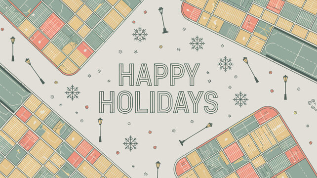 Happy holidays greeting with a stylized city map design and festive snowflakes and streetlights