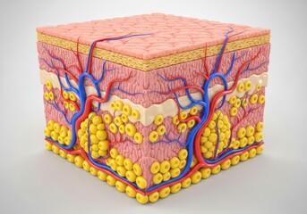 Anatomical cross-section of human skin showing epidermis dermis and hypodermis with structural detail