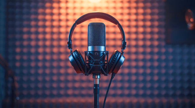 Professional audio recording setup featuring a studio microphone and headphones with a visualizer display