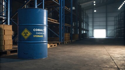 A Cobalt Storage Drum with Chemical Warning Inside a Warehouse