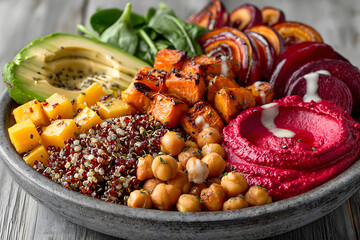 Vegan Buddha bowl with quinoa, avocado, chickpeas and beetroot hummus