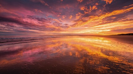 Vibrant Sunset Reflection On Calm Beach Water