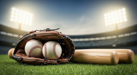 Close-up of a baseball glove and ball resting on the green field in stadium lights