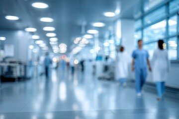 Fototapeta premium Soft focus image of medical professionals in scrubs and white coats walking along a hospital