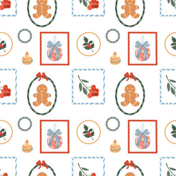 Christmas patchwork seamless pattern. Cute holiday framed repeat background. Gingerman, rowan berry, holly berry, bauble. Geometric elements, borders, frames