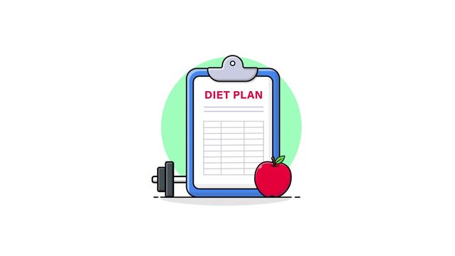 4k Clipboard with Apple and Dumbbell. Diet Plan Concept Animation Video