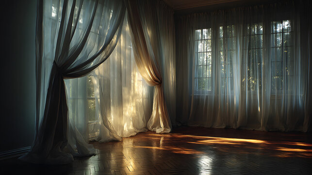 Quiet empty room illuminated by soft morning light through sheer curtains 