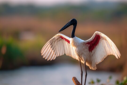 Elegant jabiru stork stretches its wings, showing off its pristine white and striking red plumage