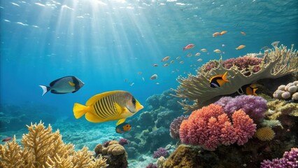 Fototapeta premium A vibrant yellow fish swimming through coral reef waters