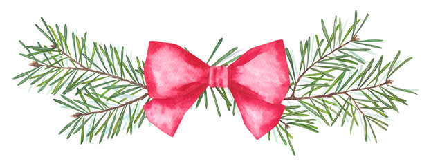 Watercolor illustration of pine branches with a red bow. Festive Christmas composition perfect for holiday cards, invitations, packaging, and seasonal decoration projects.