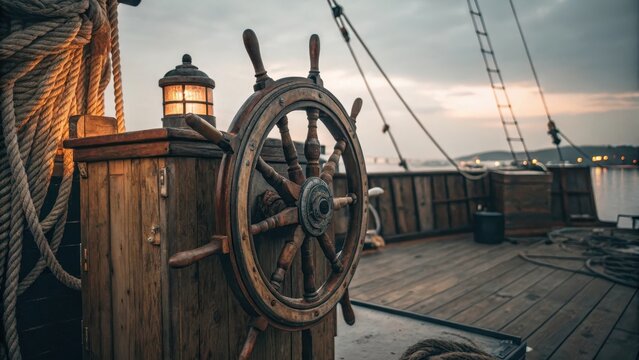 A wooden ship steering wheel on an old wooden deck