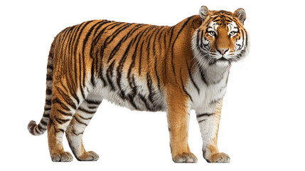 Obraz premium tiger standing alert, muscular build and striped fur, studio wildlife portrait, isolated on white background