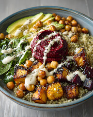 Vegan Buddha bowl with quinoa, avocado, chickpeas and beetroot hummus