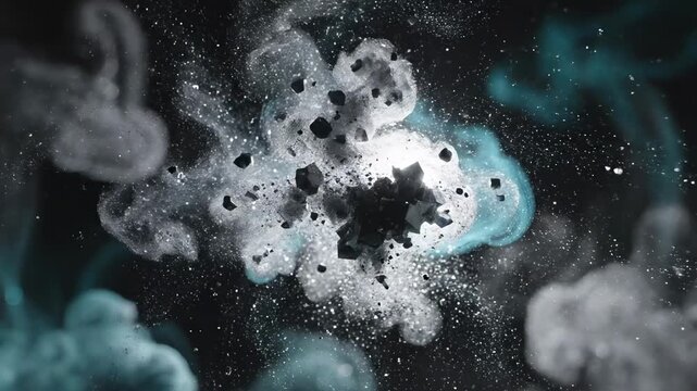 black artistic - A mesmerizing depiction of swirling particles and clouds in shades of black, white, and aqua, creating a cosmic explosion effect against a dark background