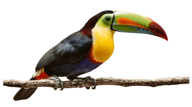 toucan bird perched, colorful beak, isolated on white background