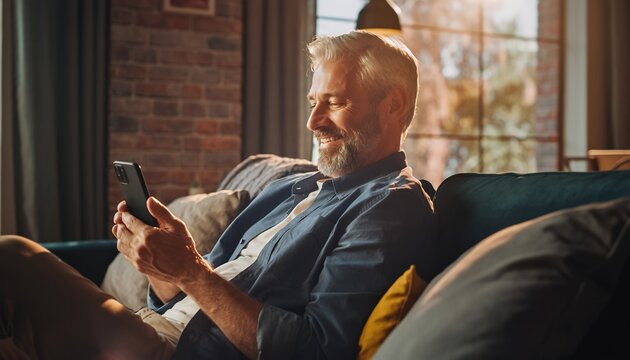 Smiling Middle-aged Man Sitting on Couch Using Smartphone in Cozy Home with Natural Light - Powered by Adobe