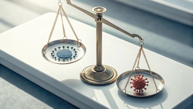 Coronavirus weighing against a disease symbol on a balance