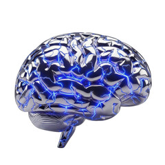 Metallic Human Brain with Blue Electrical Energy Pulses on Background Keywords: brain, human brain, metallic, chrome, silver, blue, energy, electricity isolated on a transparent background