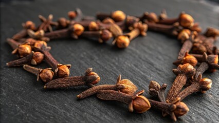 Fototapeta premium Dried cloves arranged in circular pattern on dark surface