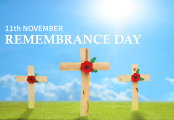 Poppy Day background.Remembrance Day - Lest We Forget. Sunny day and blue sky. 3d illustration