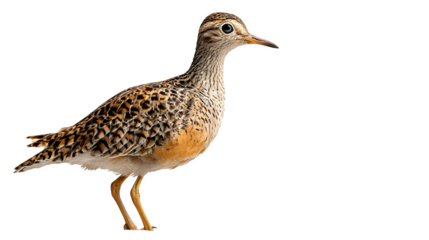upland sandpiper bird looking left, brown and tan plumage, isolated on white background
