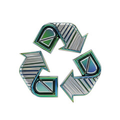 Metallic recycling symbol with iridescent green and blue hues and striped texture on a background isolated on a transparent background