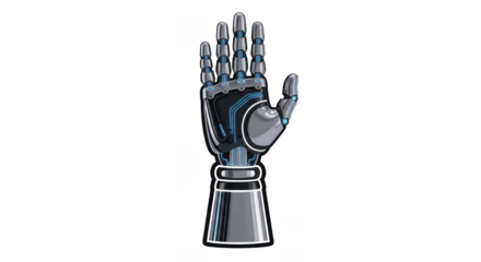 Metallic Robotic Hand with Blue Lights and Articulated Fingers on Background mechanical artificial isolated on a transparent background