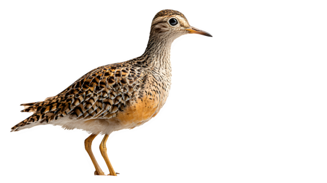 upland sandpiper bird looking left, brown and tan plumage, isolated on white background