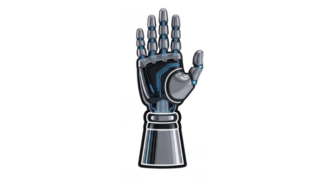 Metallic Robotic Hand with Blue Lights and Articulated Fingers on Background mechanical artificial isolated on a transparent background