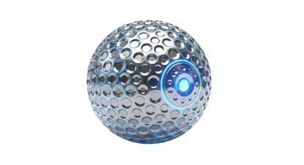 Metallic Sphere with Circular Indentations and Blue Glowing Eye on Background Keywords: sphere, ball, orb, metallic, silver, futuristic, technology, science isolated on a transparent background