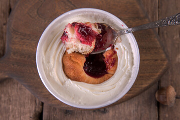dessert, cream, sponge cake, sweet, glass, portion, jam, berry, wooden, background, table, rum baba, takeaway