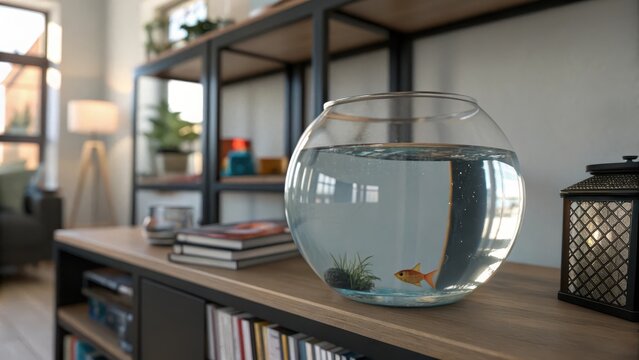 Goldfish swimming alone in a clear glass aquarium bowl
