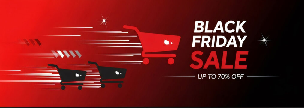 Black Friday sale banner with fast moving shopping carts on red and black gradient background for discount promotion and advertising. Banner with copy space