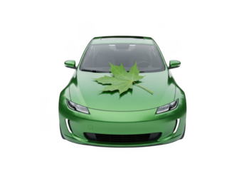 Green electric car with leaf emblem isolated on transparent background