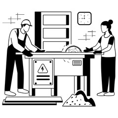 hobbyists working at woodshops vector design, carpenter banner, woodworker workshop scene, tradesperson and craftsmen illustration, two workers operating circular table saw to cut wooden plank concept