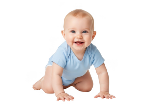Happy baby crawling on all fours wearing a blue onesie isolated on transparent background
