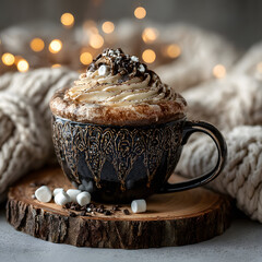 Cup of hot chocolate with whipped cream and marshmallows in cozy winter atmosphere