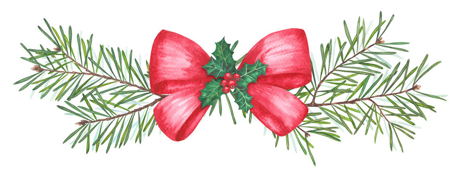 Watercolor Christmas decoration with pine branches, red bow, and holly leaves with berries. Festive winter illustration ideal for greeting cards, wrapping paper, and holiday design.