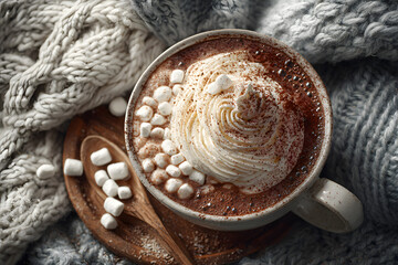 Cup of hot chocolate with whipped cream and marshmallows in cozy winter atmosphere