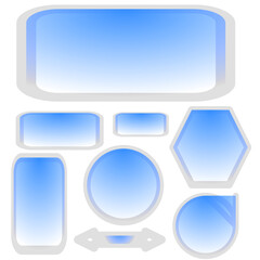 set of blue glossy buttons for web.shapes with a frosted glass-like or shaded appearance, set against a black background. 