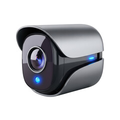 Modern Security Camera with Sleek Metallic Casing and Blue Indicator Lights surveillance technology isolated on a transparent background