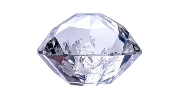 Faceted clear gemstone cut shape rests on a solid black background