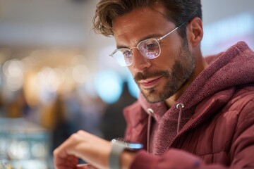 Intrigued man with glasses checks his smartwatch, deep in thought in a brightly lit retail