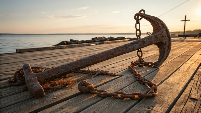 Rusty anchor resting on a wooden dock near the sea at sunset
