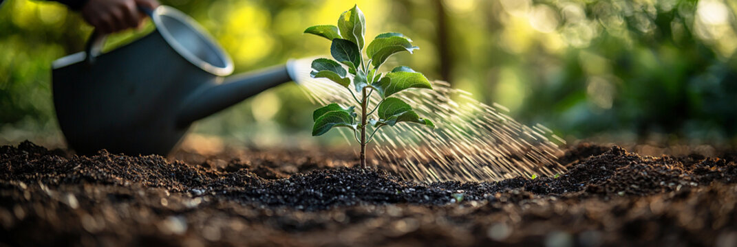 Gardener waters newly planted apple tree in spring sunlight Generative AI