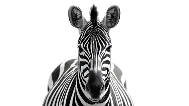 zebra facing forward, distinct black and white stripes, detailed portrait, isolated on white background